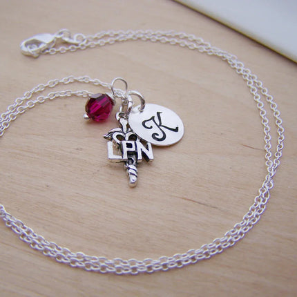 LPN Nurse Necklace – Sterling Silver with Birthstone & Initial Charm
