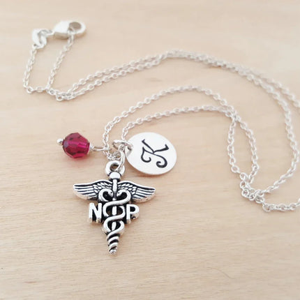 Personalized Nurse Practitioner Necklace – Sterling Silver Chain with Birthstone & Initial