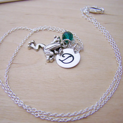 Frog Necklace – Sterling Silver with Birthstone & Initial Charm