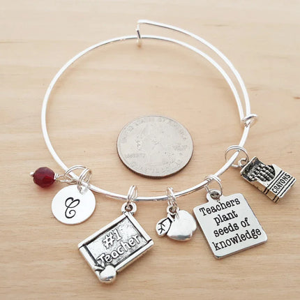 #1 Teacher Bracelet – Adjustable Bangle with Birthstone & Initial