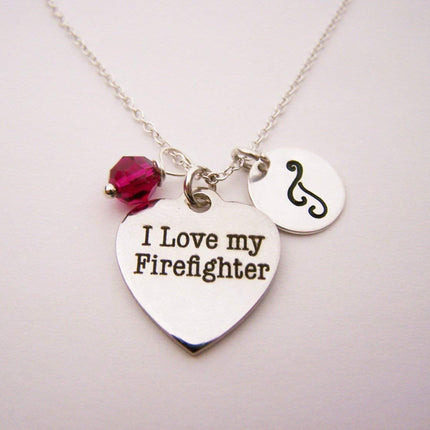 I Love My Firefighter Necklace – Personalized Sterling Silver Jewelry with Initial & Birthstone or Pearl