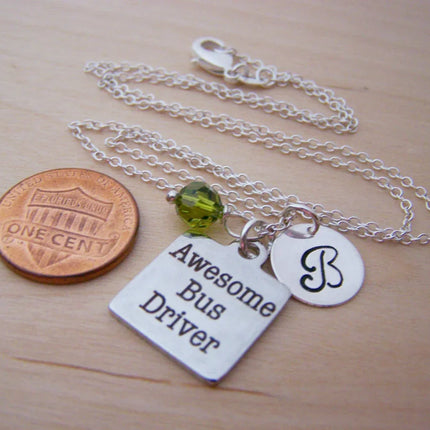 Personalized Bus Driver Necklace – Sterling Silver Chain with Birthstone & Initial
