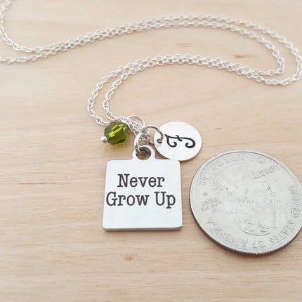 Never Grow Up Necklace – Sterling Silver with Birthstone & Initial Charm