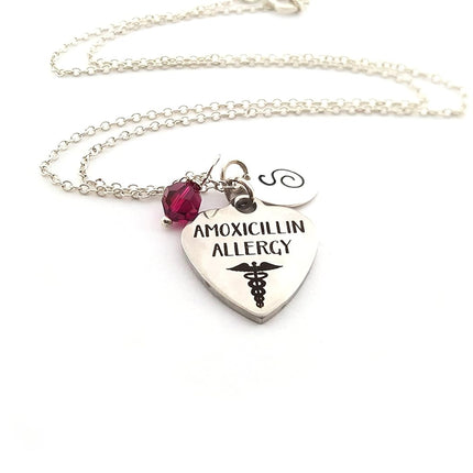 Amoxicillin Allergy Medical Necklace – Hand Stamped Initial, Birthstone or Pearl, Sterling Chain