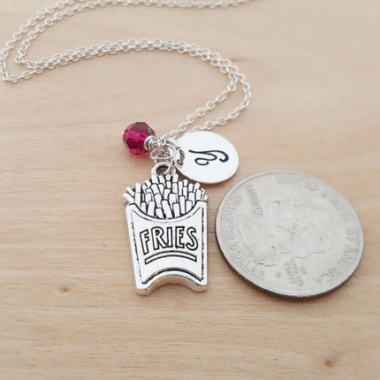 French Fries Necklace – Sterling Silver with Birthstone & Initial Charm