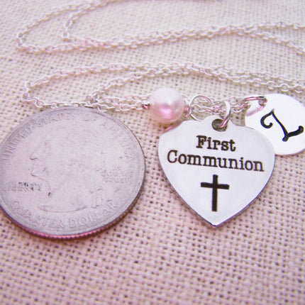 First Communion Necklace – Sterling Silver with Pearl, Initial & Stainless Steel Heart Charm