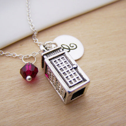 Police Box - Phone Booth Necklace – Sterling Silver with Birthstone & Initial Charm