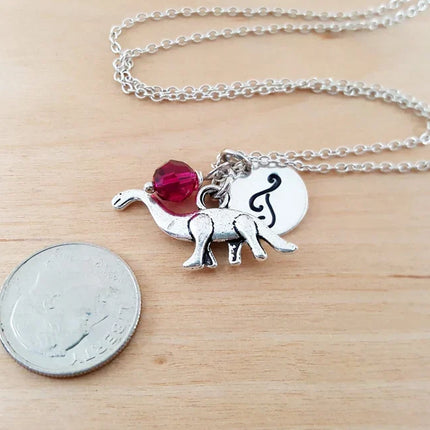 Personalized Brontosaurus Necklace – Sterling Silver Chain with Birthstone & Initial