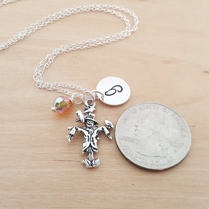Personalized Scarecrow Necklace – Sterling Silver Chain with Birthstone & Initial