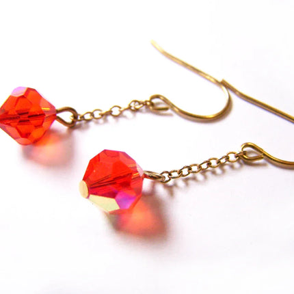 Dainty Red Swarovski Crystal Chain Dangle Gold Brass Earrings / Gift for Her