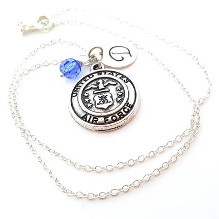 Personalized Air Force Necklace – Sterling Silver Chain with Birthstone & Initial