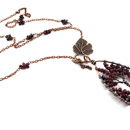Garnet Tree of Life Pendant Necklace – Copper Wire Wrapped, 32 Inch Chain