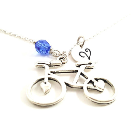 Personalized Bicycle Necklace – Sterling Silver Chain with Heart Charm, Birthstone & Initial