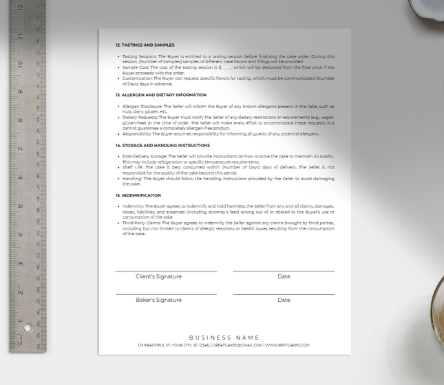 Cake Business Contract Template – 3-Page Editable Canva Form (Instant Download)