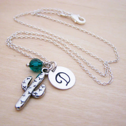 Cactus Necklace – Sterling Silver with Birthstone & Initial Charm