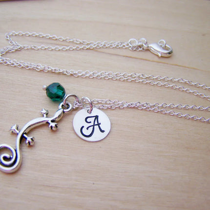 Personalized Gecko Necklace – Sterling Silver Chain with Birthstone & Initial