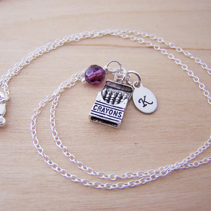 Personalized Crayon Necklace – Sterling Silver Chain with Birthstone & Initial