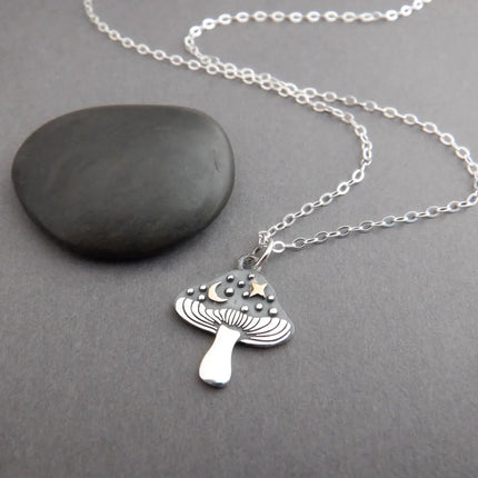 Mushroom & Moon Necklace – Sterling Silver with Bronze Crescent and Star, 18" Chain