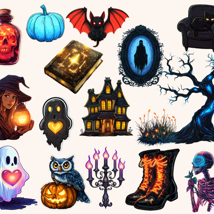 Spooky Glow Watercolor Clipart Bundle – 134 PNGs, 300 DPI, Commercial License