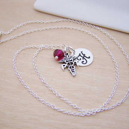 Physical Therapist Necklace – Sterling Silver with Birthstone & Initial Charm