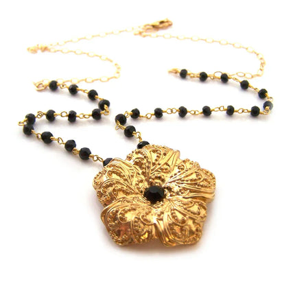 Gold Flower Black Onyx Gemstone Ornate Vintage Inspired OOAK Gold Filled Wire Wrapped Necklace