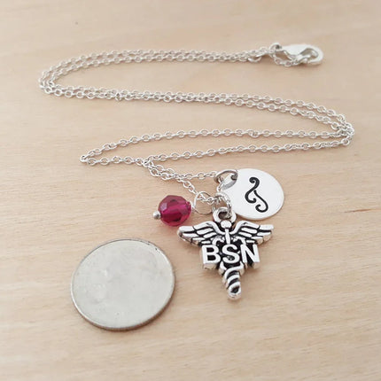 Personalized BSN Nurse Necklace – Sterling Silver Chain with Birthstone & Initial