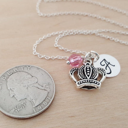 Crown Necklace – Sterling Silver with Birthstone & Initial Charm