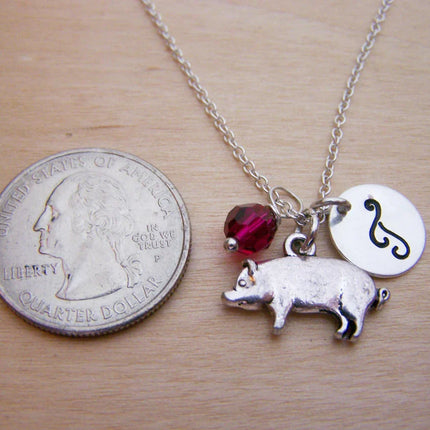 Pig Necklace – Sterling Silver with Birthstone & Initial Charm