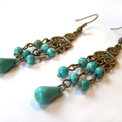 Turquoise and Antiqued Brass Dangle Earrings – Handcrafted, 2.5 Inch