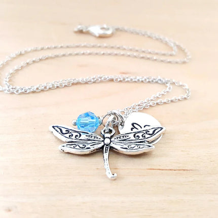 Personalized Dragonfly Necklace – Sterling Silver Chain with Birthstone & Initial