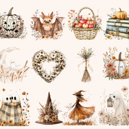 Boho Halloween Watercolor Clipart Bundle – 107 PNGs, 300 DPI, Commercial License