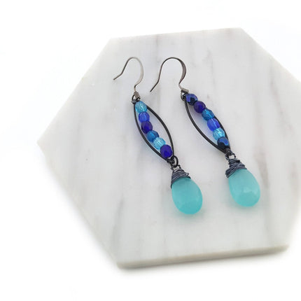 Blue Chalcedony & Czech Glass Dangle Earrings – Oxidized Sterling Silver