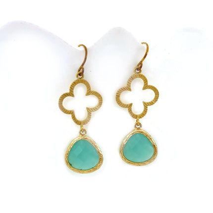 Aquamarine Glass Gold Clover Earrings