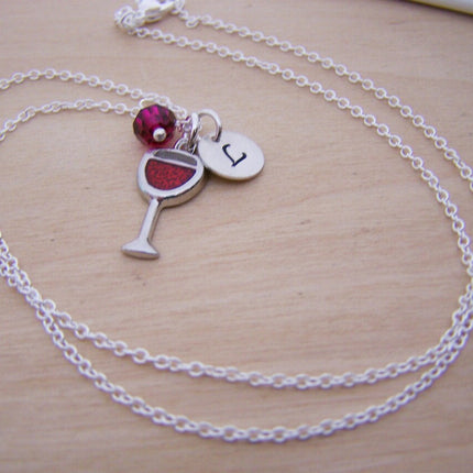 Glass of Wine Necklace – Sterling Silver with Birthstone & Initial Charm