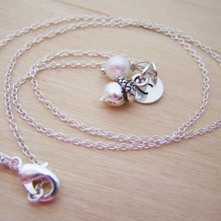 Tiny Acorn Necklace – Sterling Silver with Birthstone & Initial Charm