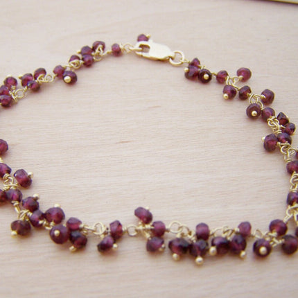 Garnet Gemstone 14k Yellow Gold Filled Wire Wrapped Bracelet - January Birthstone - Garnet Jewelry - Gift for Her