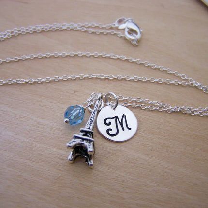 Eiffel Tower Necklace – Sterling Silver with Birthstone & Initial Charm