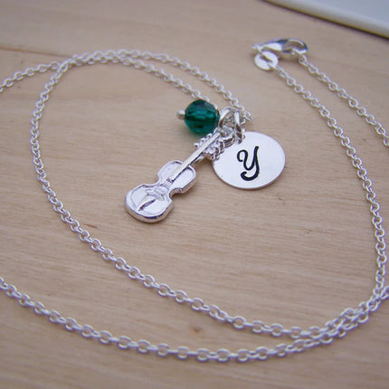 Personalized Violin Necklace – Sterling Silver with Birthstone & Initial Charm