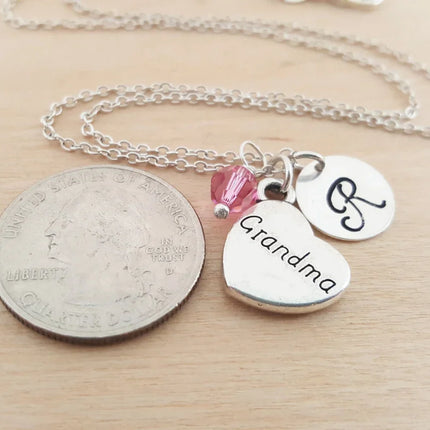 Grandma Necklace – Sterling Silver with Birthstone & Initial Charm