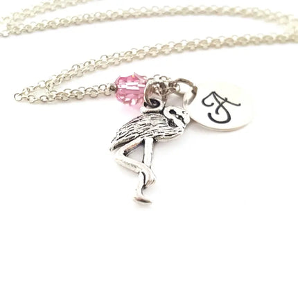Flamingo Necklace – Sterling Silver with Birthstone & Initial Charm