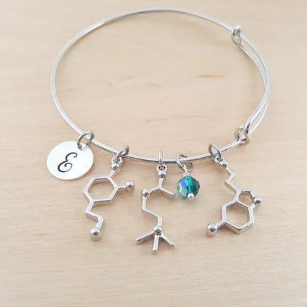 Serotonin Neurotransmitter Bracelet – Adjustable Bangle with Birthstone & Initial