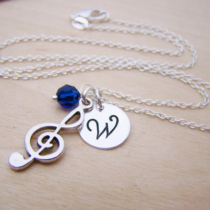 Personalized Treble Clef Necklace – Sterling Silver Chain with Birthstone & Initial