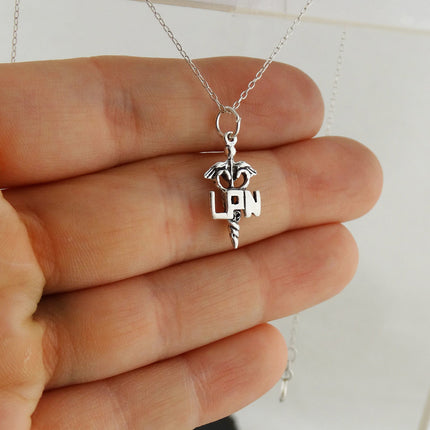 LPN Caduceus Necklace – Sterling Silver Medical Symbol Pendant on 16" Chain