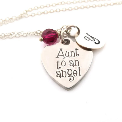 Aunt to an Angel Necklace – Sterling Silver Chain with Birthstone & Initial