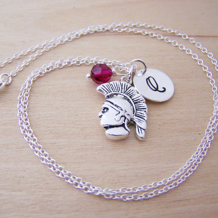 Personalized Spartan Necklace – Plated Spartan Charm with Sterling Silver Chain, Birthstone & Initial