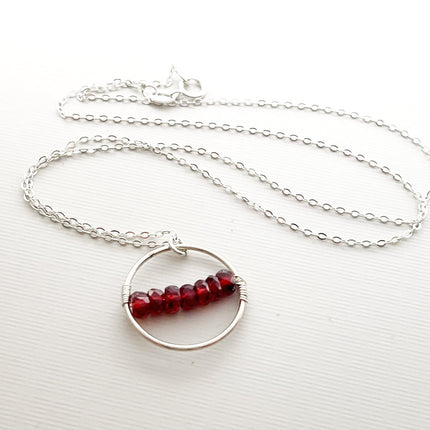 Garnet Bar Circle Necklace – Sterling Silver