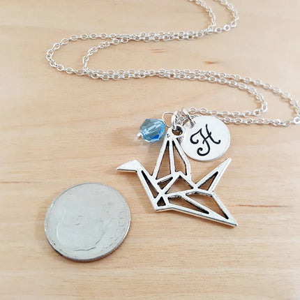 Personalized Paper Crane Necklace – Sterling Silver Chain with Birthstone & Initial