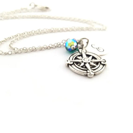 Personalized Compass Necklace – Sterling Silver Chain with Birthstone & Initial