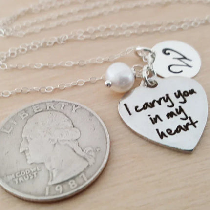 I Carry You in My Heart Necklace – Sterling Silver with Birthstone & Initial Charm