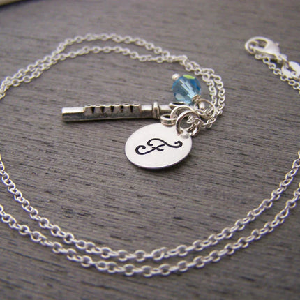 Flute Necklace – Sterling Silver with Birthstone & Initial Charm
